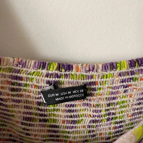 Zara Floral Ruched Puff Sleeve Draped Smocked Mini Dress Lilac Purple Medium - Picture 8 of 8